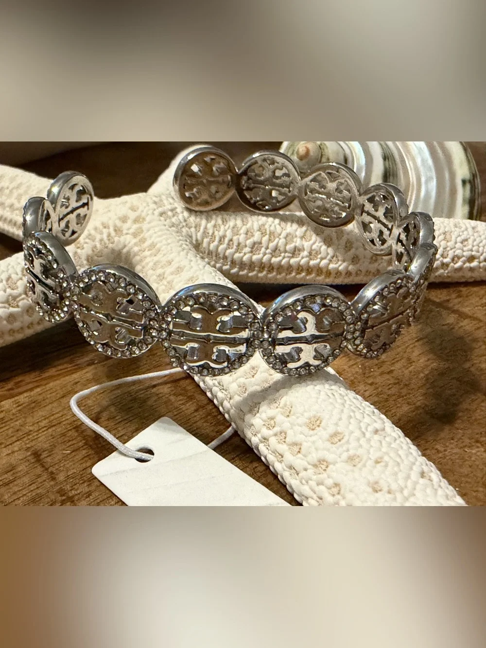 NWT Tory Burch Miller Pavé Crystal Logo Bangle Bracelet Silver
